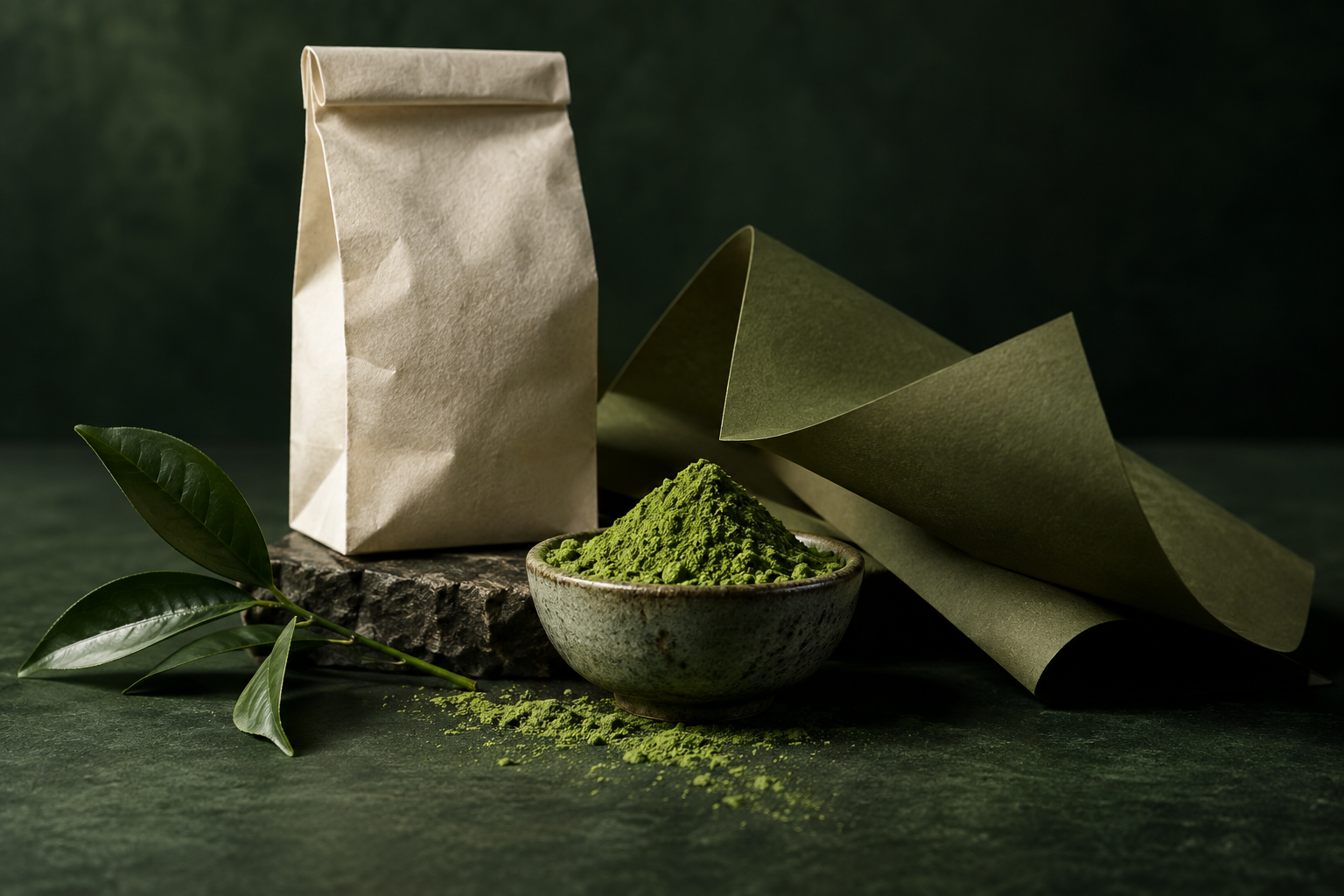 An editorial still life of matcha and unbranded paper packaging
